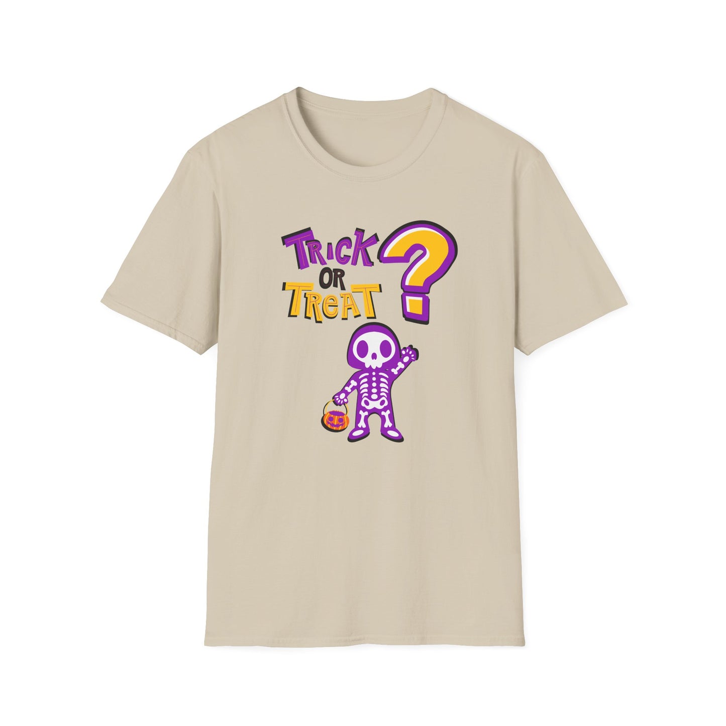 BIZR BAZR - "Trick or Treat?" Halloween Skeleton T-Shirt, Unisex Halloween Shirt, Spooky Season Apparel, Gift for Halloween Lovers