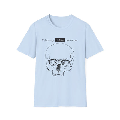 BIZR BAZR - "Human" Skull Costume T-Shirt, Funny Halloween Shirt, Unisex Graphic Tee, Unique Gift for Costume Lovers, Casual Wear for Parties