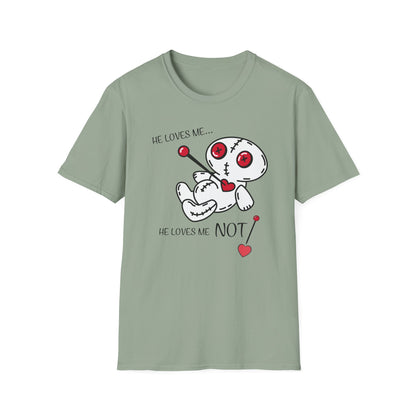 BIZR BAZR - Loves Me Not Voodoo Doll Unisex T-Shirt, Graphic Tee for Couples, Valentine's Day Gift, Spooky Fashion, Alternative Clothing