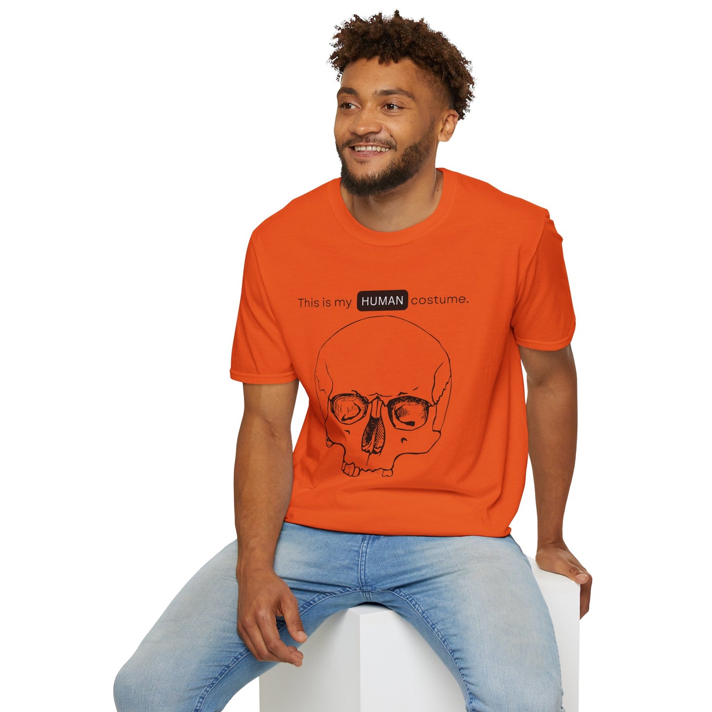 BIZR BAZR - "Human" Skull Costume T-Shirt, Funny Halloween Shirt, Unisex Graphic Tee, Unique Gift for Costume Lovers, Casual Wear for Parties