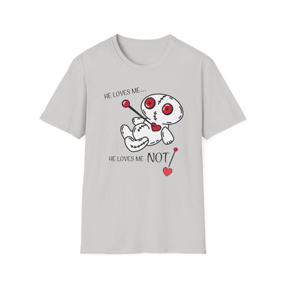 BIZR BAZR - Loves Me Not Voodoo Doll Unisex T-Shirt, Graphic Tee for Couples, Valentine's Day Gift, Spooky Fashion, Alternative Clothing