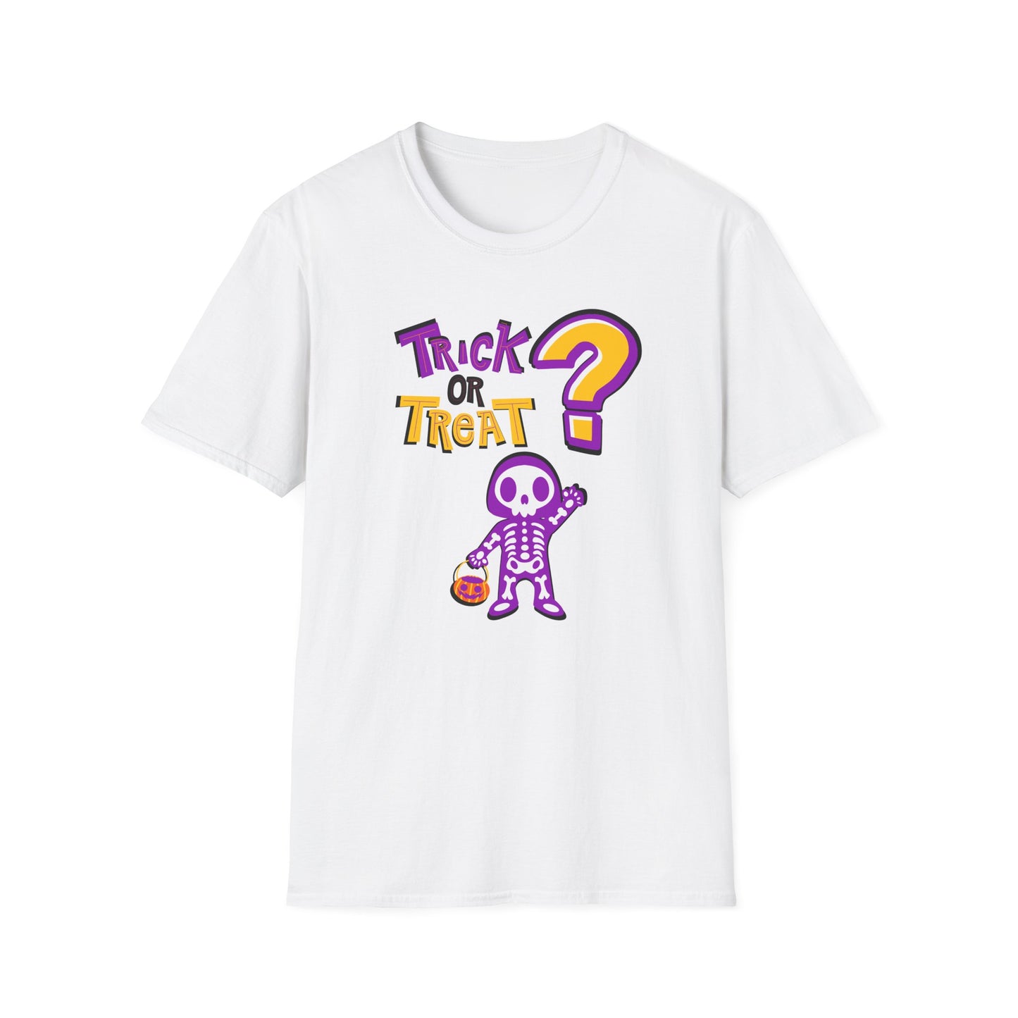 BIZR BAZR - "Trick or Treat?" Halloween Skeleton T-Shirt, Unisex Halloween Shirt, Spooky Season Apparel, Gift for Halloween Lovers