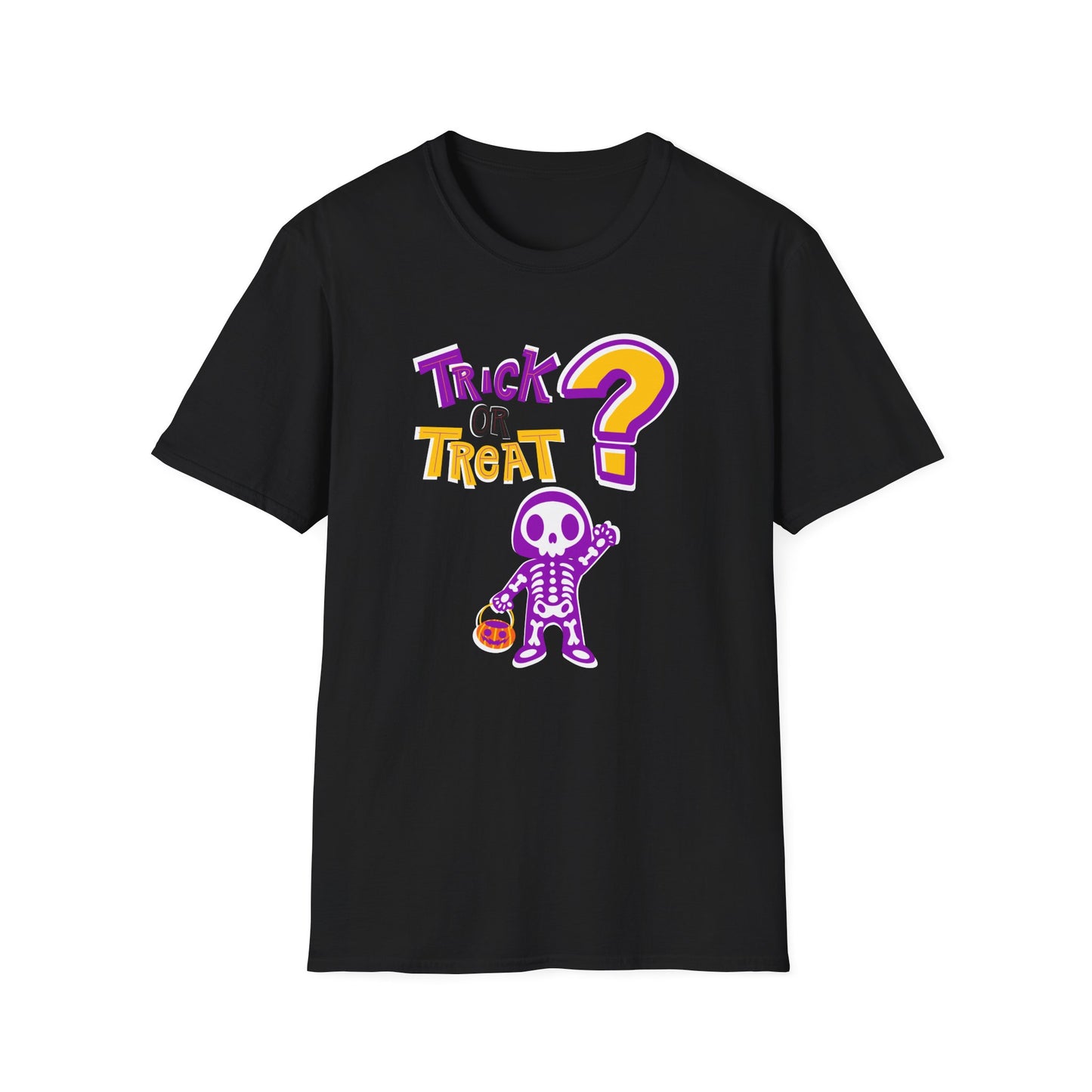 BIZR BAZR - "Trick or Treat?" Halloween Skeleton T-Shirt, Unisex Halloween Shirt, Spooky Season Apparel, Gift for Halloween Lovers