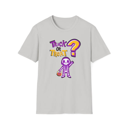BIZR BAZR - "Trick or Treat?" Halloween Skeleton T-Shirt, Unisex Halloween Shirt, Spooky Season Apparel, Gift for Halloween Lovers