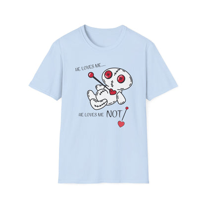 BIZR BAZR - Loves Me Not Voodoo Doll Unisex T-Shirt, Graphic Tee for Couples, Valentine's Day Gift, Spooky Fashion, Alternative Clothing