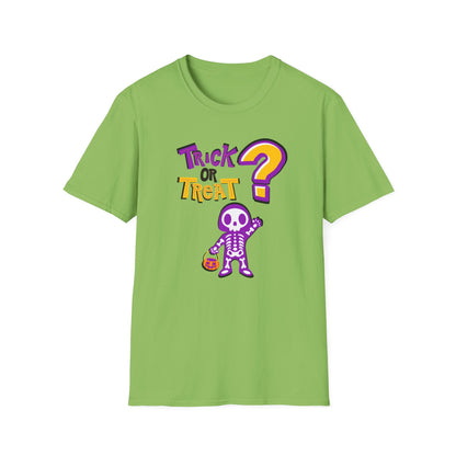 BIZR BAZR - "Trick or Treat?" Halloween Skeleton T-Shirt, Unisex Halloween Shirt, Spooky Season Apparel, Gift for Halloween Lovers