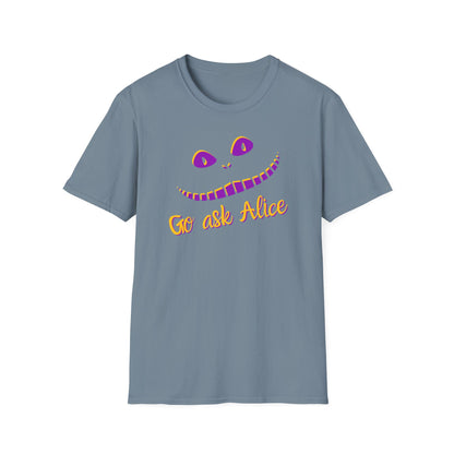 BIZR BAZR - Go Ask Alice Unisex Softstyle T-Shirt, Casual Graphic Tee, Whimsical T-Shirt, Alice in Wonderland Shirt, Gift Idea for Fans, Fun Apparel