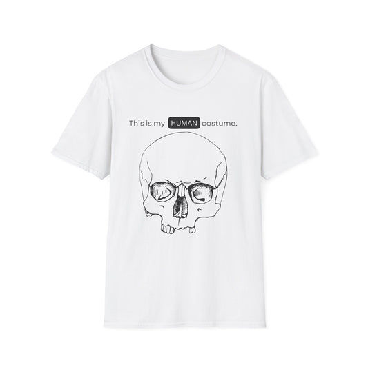 BIZR BAZR - "Human" Skull Costume T-Shirt, Funny Halloween Shirt, Unisex Graphic Tee, Unique Gift for Costume Lovers, Casual Wear for Parties