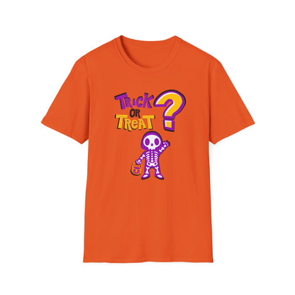 BIZR BAZR - "Trick or Treat?" Halloween Skeleton T-Shirt, Unisex Halloween Shirt, Spooky Season Apparel, Gift for Halloween Lovers